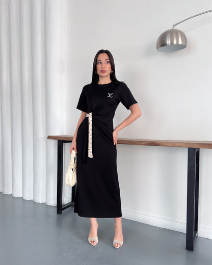 LV Belden Kuşaklı Midi Boy Likralı Şık Elbise