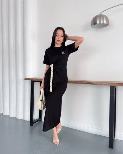 LV Belden Kuşaklı Midi Boy Likralı Şık Elbise