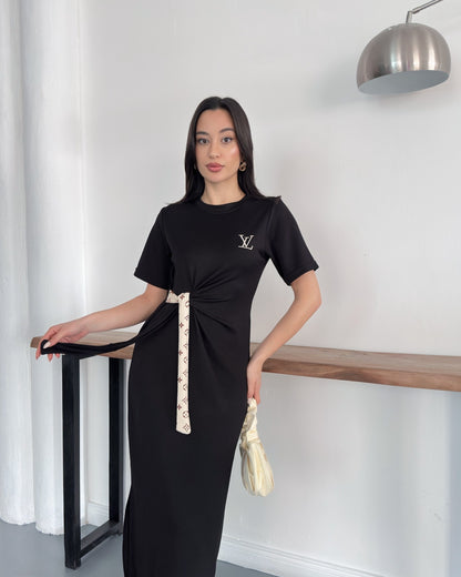 LV Belden Kuşaklı Midi Boy Likralı Şık Elbise