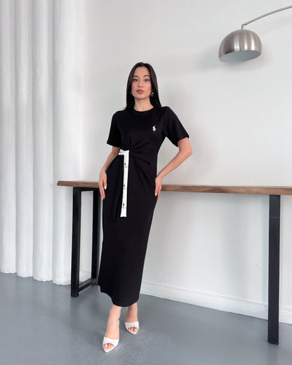 Minimal Nakışlı Belden Kuşaklı Midi Boy Likralı Günlük Elbise