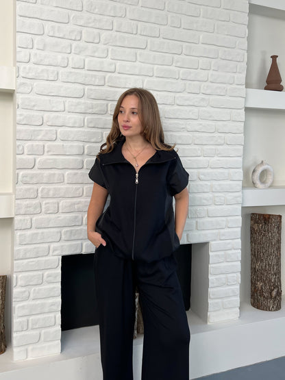 Paraşüt Kumaş Detaylı Yelekli Modal Alt Üst Şık Takım