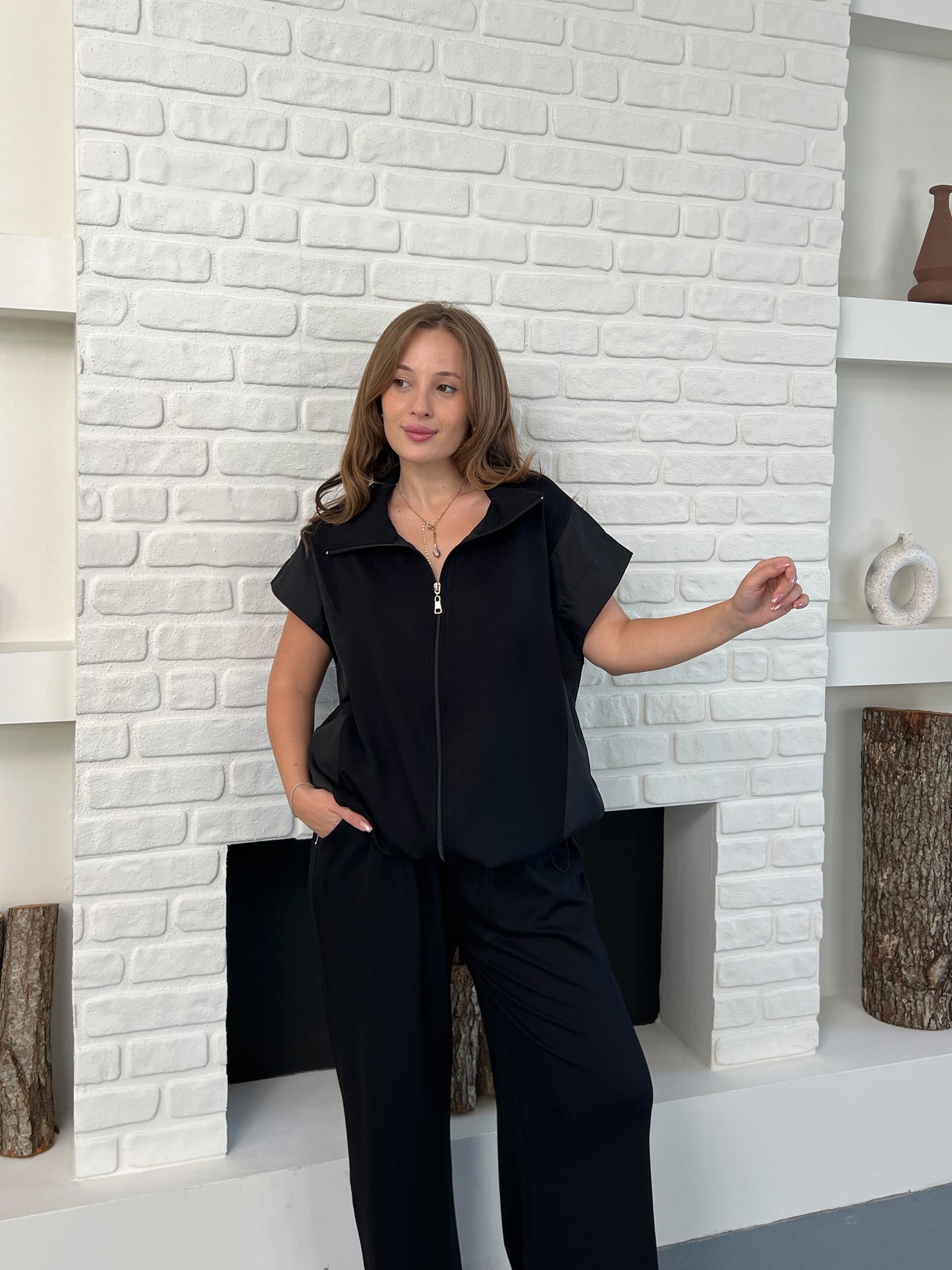 Paraşüt Kumaş Detaylı Yelekli Modal Alt Üst Şık Takım