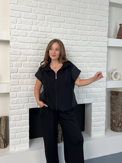 Paraşüt Kumaş Detaylı Yelekli Modal Alt Üst Şık Takım