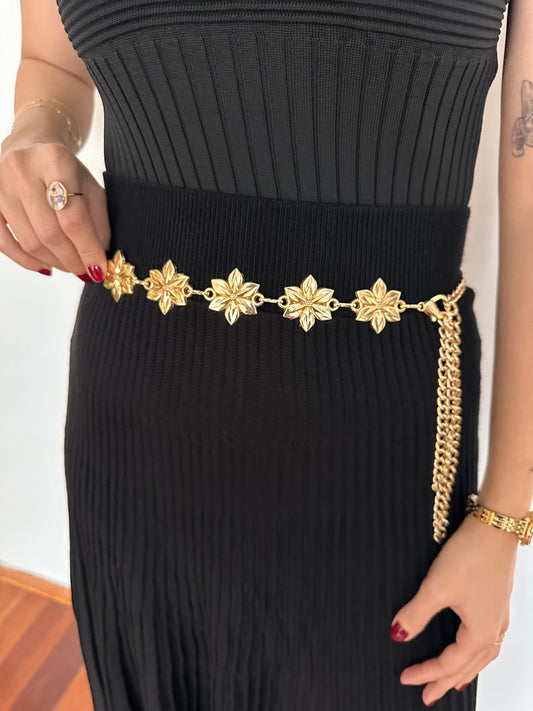 Altın Renk Yaprak Çiçek Motifli Zincir Kemer