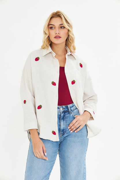 Çilekli Süzene Nakışlı Manşetli Gömlek
