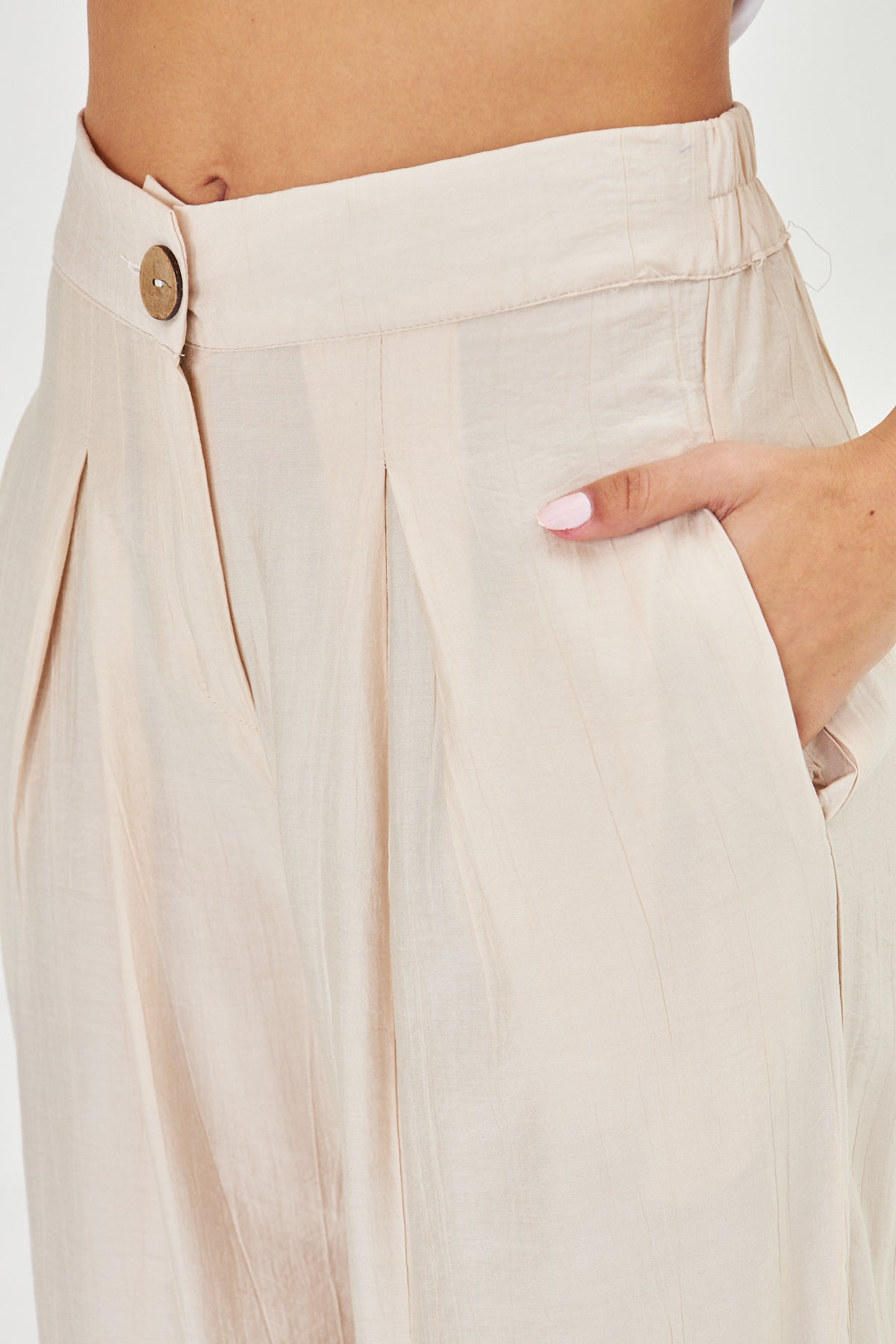 Bej Kolu Fırfırlı Tişört Keten Pantolon Takım