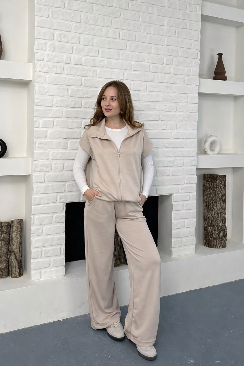 Paraşüt Kumaş Detaylı Yelekli Modal Alt Üst Şık Takım