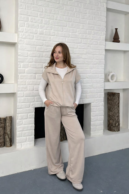 Paraşüt Kumaş Detaylı Yelekli Modal Alt Üst Şık Takım