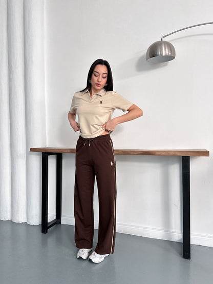 Polo Yaka Nakış Detaylı Geniş Paça Eşofman Takımı Rahat Kalıp Spor Takım