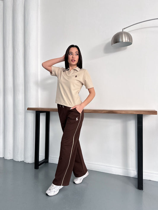 Polo Yaka Nakış Detaylı Geniş Paça Eşofman Takımı Rahat Kalıp Spor Takım