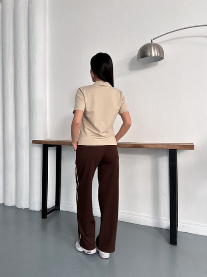 Polo Yaka Nakış Detaylı Geniş Paça Eşofman Takımı Rahat Kalıp Spor Takım