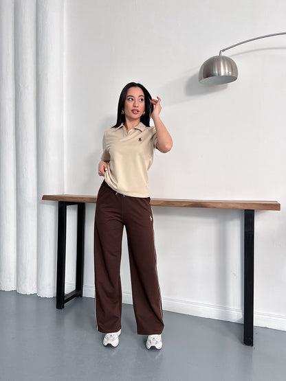 Polo Yaka Nakış Detaylı Geniş Paça Eşofman Takımı Rahat Kalıp Spor Takım