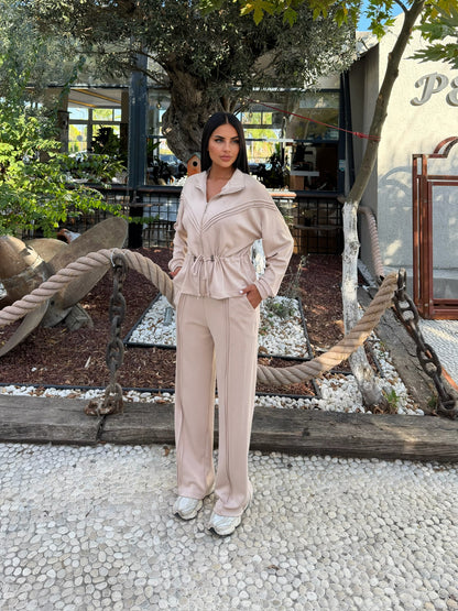 V Detaylı Fermuarlı Beli Büzgülü Bol Paça Pantolonlu İkili Takım