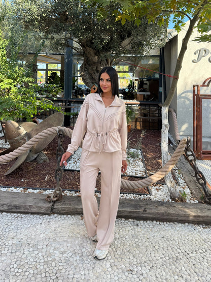 V Detaylı Fermuarlı Beli Büzgülü Bol Paça Pantolonlu İkili Takım