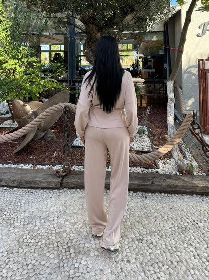 V Detaylı Fermuarlı Beli Büzgülü Bol Paça Pantolonlu İkili Takım