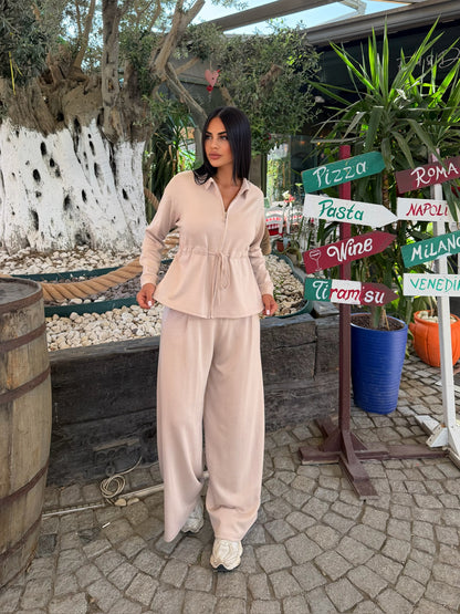 Polo Yaka Fermuarlı Beli Büzgülü Bol Paça Pantolonlu İkili Takım