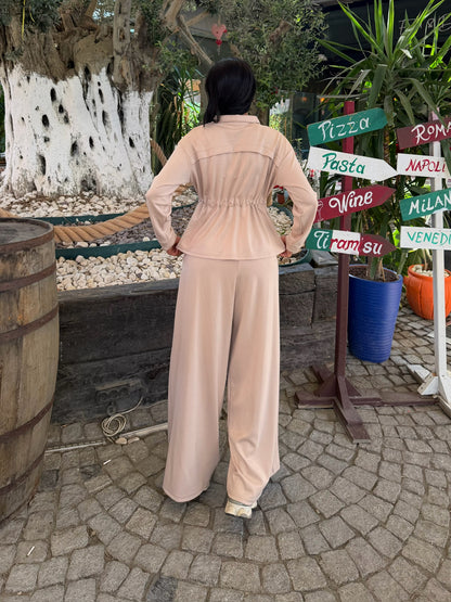 Polo Yaka Fermuarlı Beli Büzgülü Bol Paça Pantolonlu İkili Takım