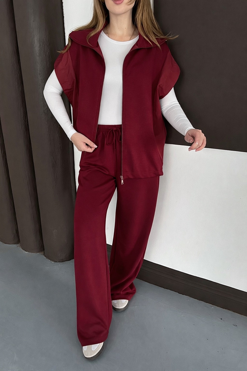 Paraşüt Kumaş Detaylı Yelekli Modal Alt Üst Şık Takım