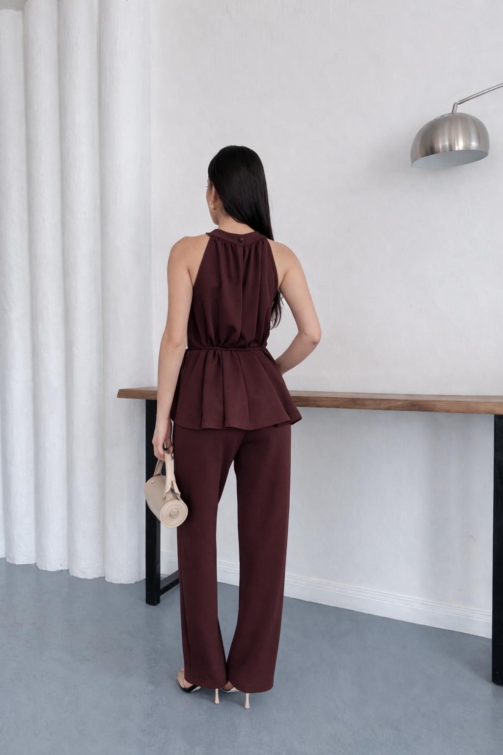 Halter Yaka Kuşaklı Bluz Pantolon İkili Takım