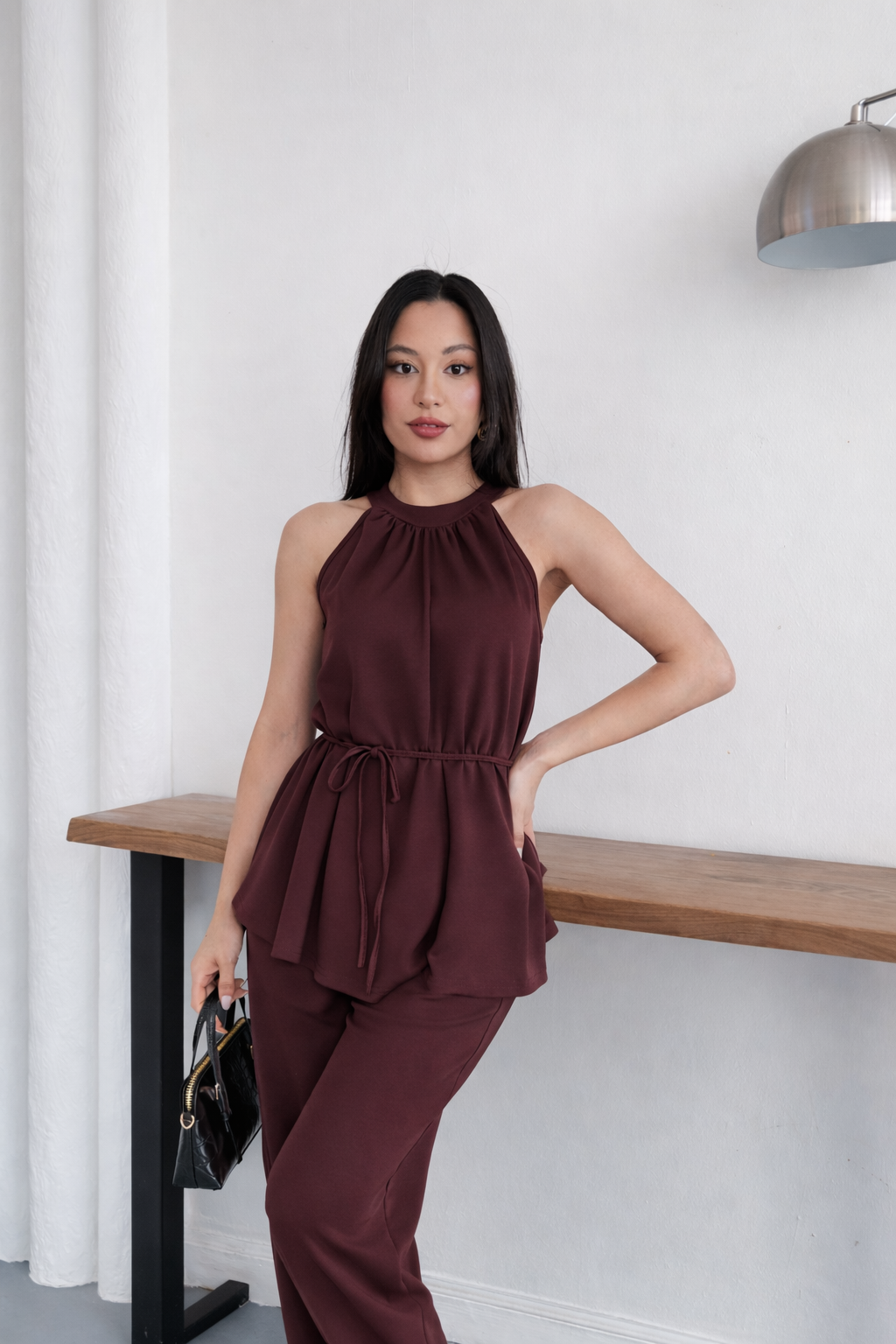 Halter Yaka Kuşaklı Bluz Pantolon İkili Takım