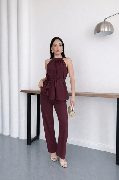 Halter Yaka Kuşaklı Bluz Pantolon İkili Takım