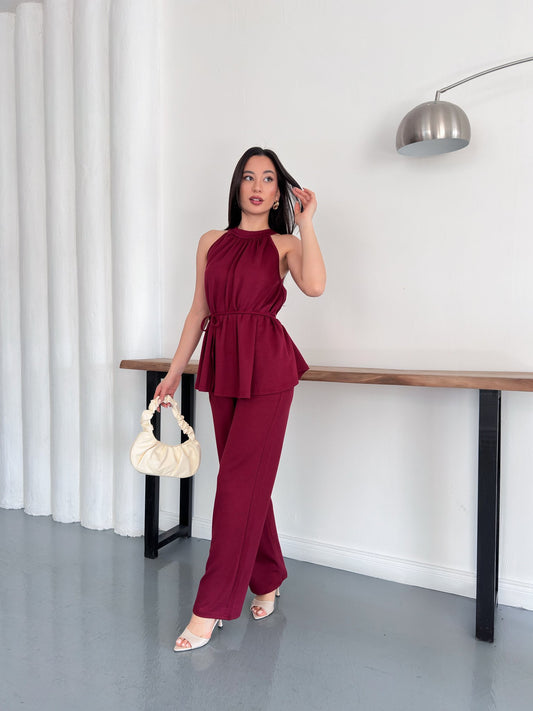 Halter Yaka Kuşaklı Bluz Pantolon İkili Takım