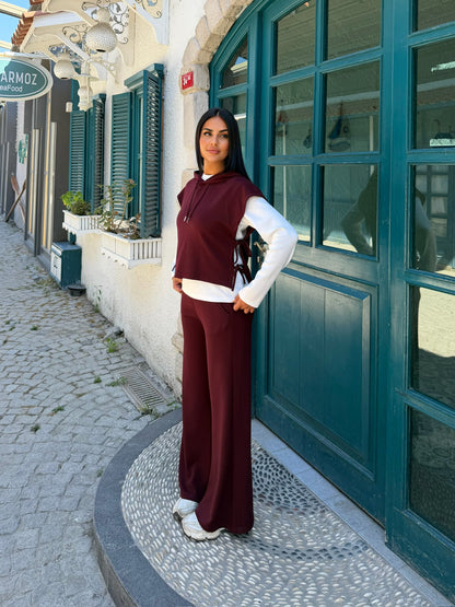 Kapüşonlu Bağlama Detaylı Bol Paça Üçlü Takım