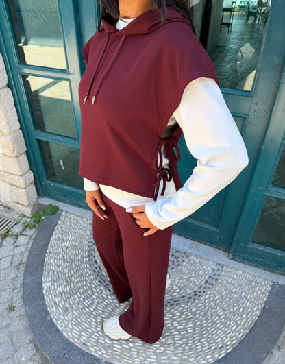 Kapüşonlu Bağlama Detaylı Bol Paça Üçlü Takım