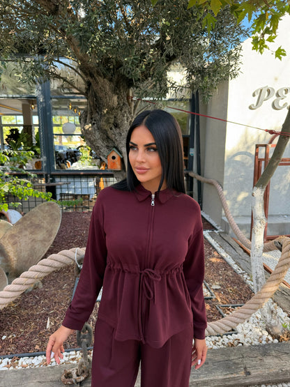 Polo Yaka Fermuarlı Beli Büzgülü Bol Paça Pantolonlu İkili Takım