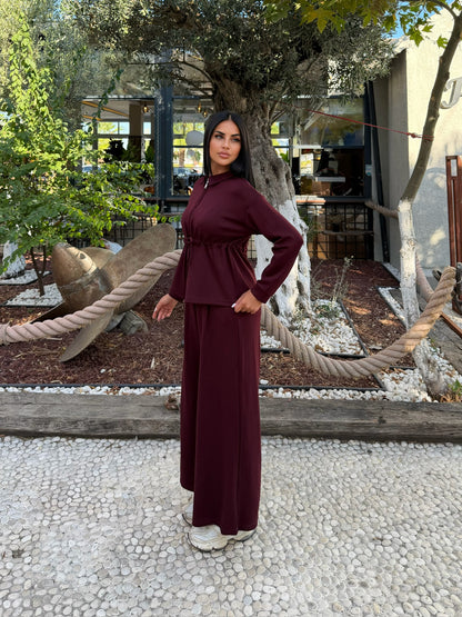 Polo Yaka Fermuarlı Beli Büzgülü Bol Paça Pantolonlu İkili Takım