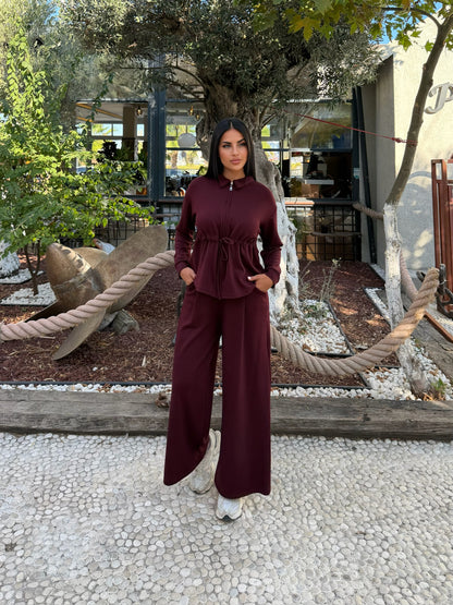 Polo Yaka Fermuarlı Beli Büzgülü Bol Paça Pantolonlu İkili Takım