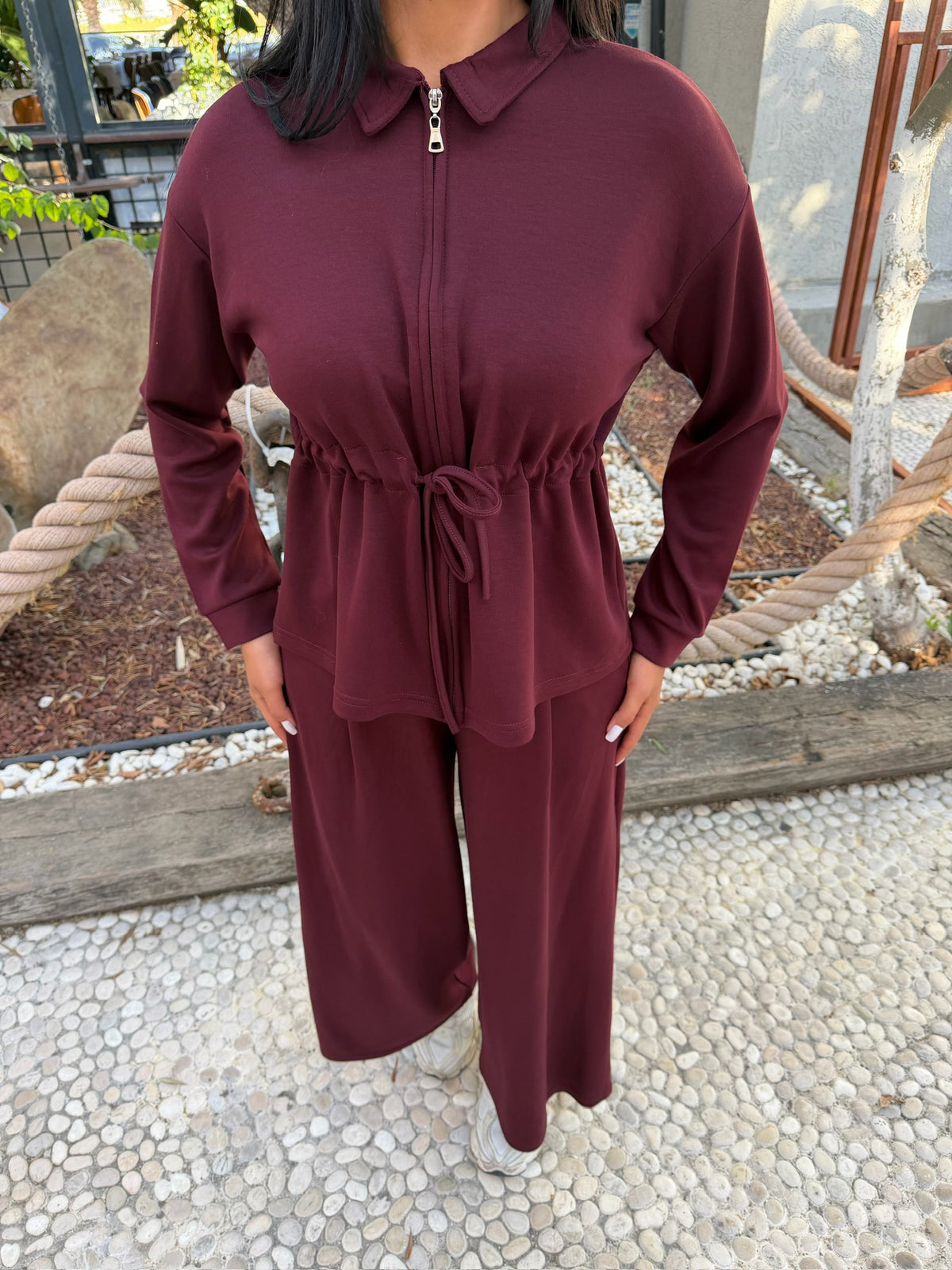 Polo Yaka Fermuarlı Beli Büzgülü Bol Paça Pantolonlu İkili Takım