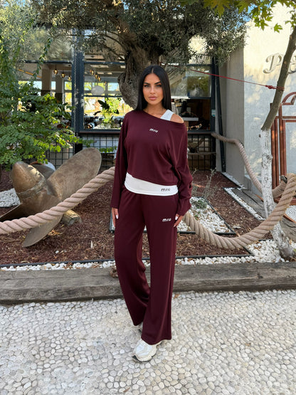 Tek Omuz Detaylı Bol Paça Pantolonlu 3 Parça Takım