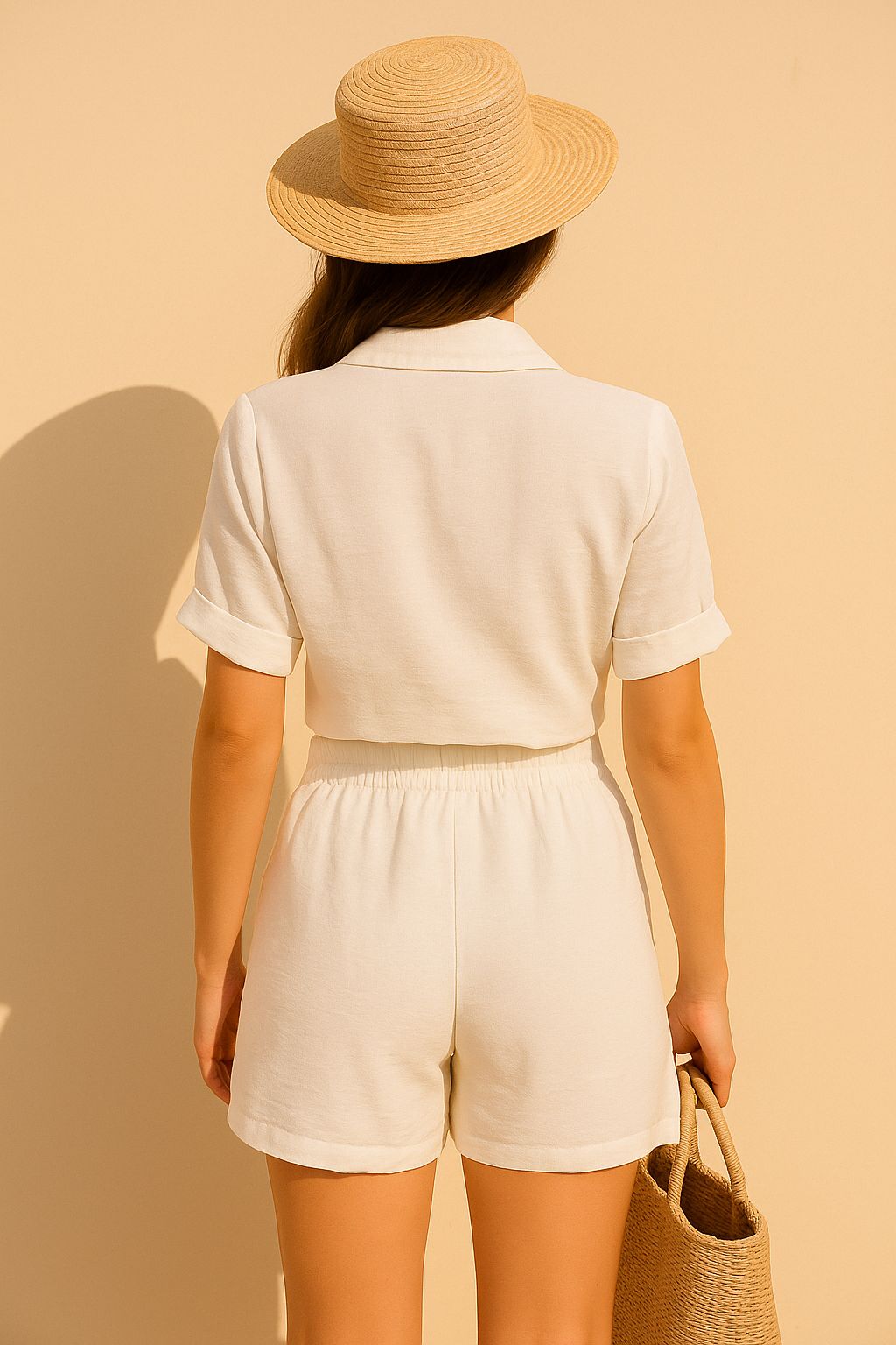 Keten Görünümlü Bağlamalı Oversize Plaj Takımı