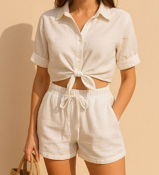 Keten Görünümlü Bağlamalı Oversize Plaj Takımı