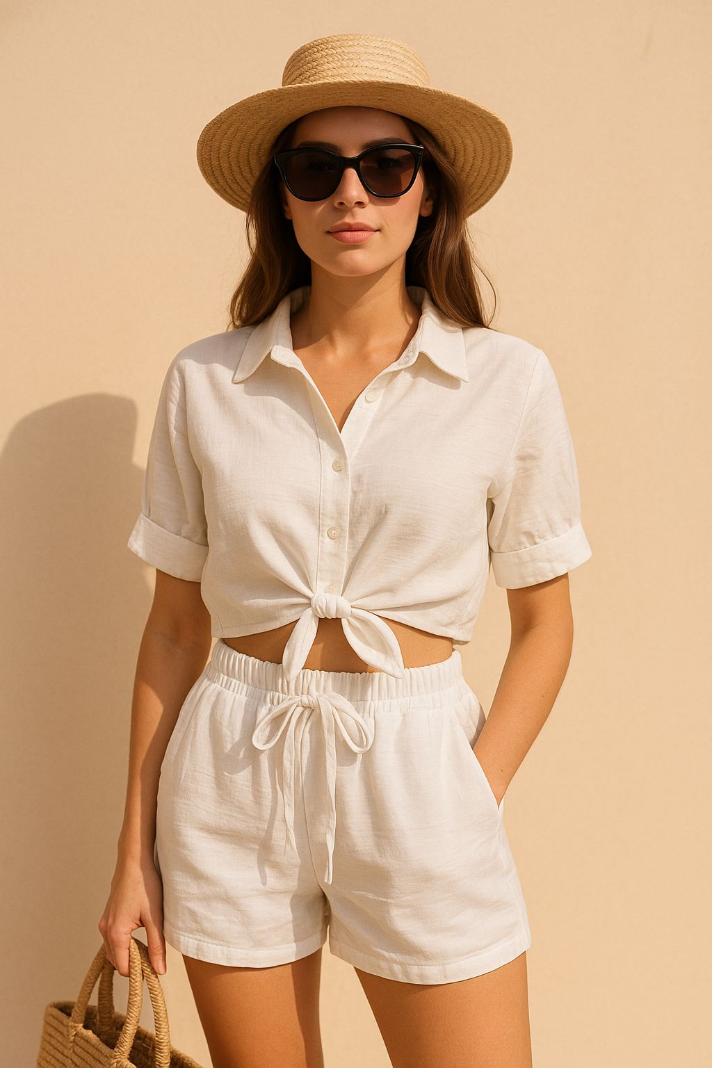 Keten Görünümlü Bağlamalı Oversize Plaj Takımı