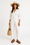 Beyaz Plaj Stili Oversize Uzun Gömlek Pantolon Takım