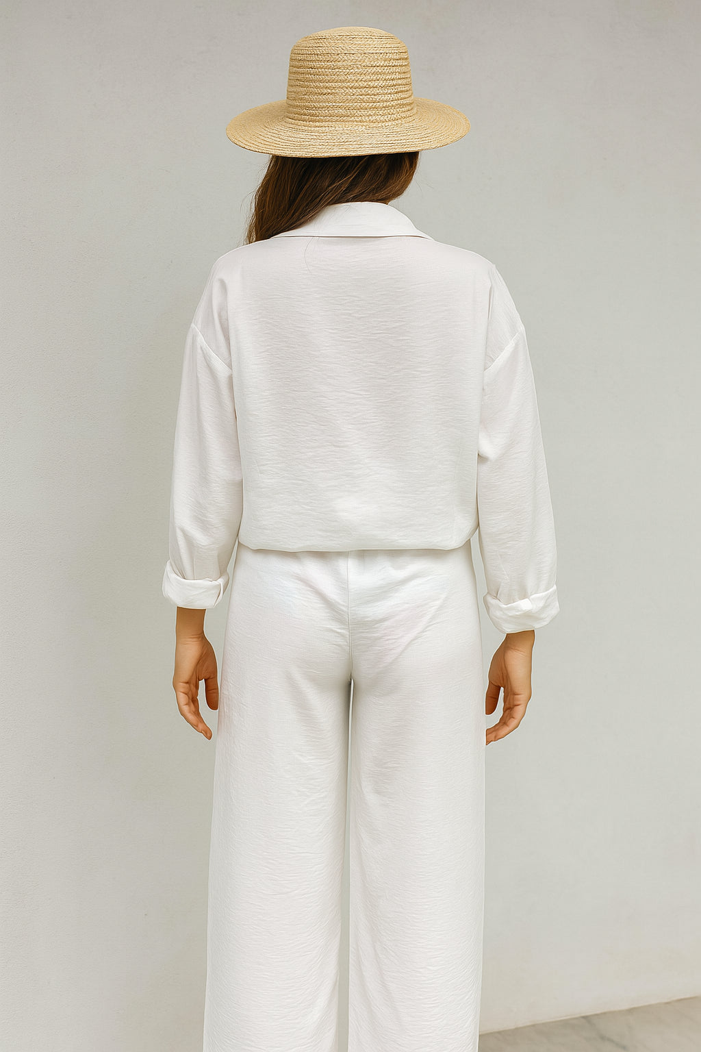 Beyaz Plaj Stili Oversize Uzun Gömlek Pantolon Takım