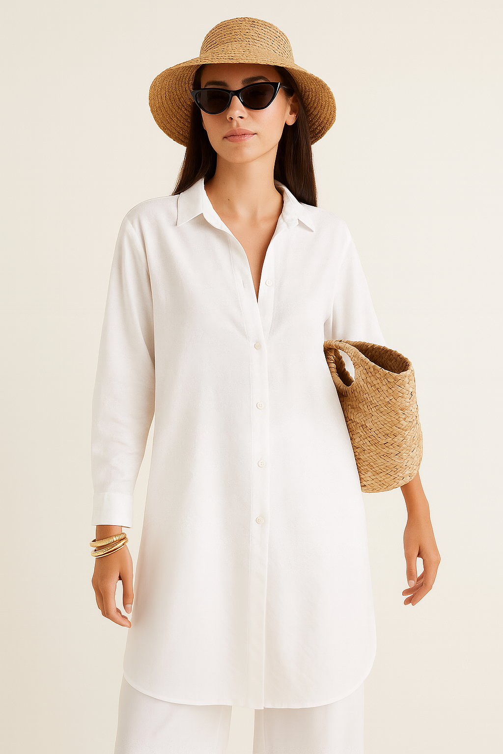 Beyaz Plaj Stili Oversize Uzun Gömlek Pantolon Takım