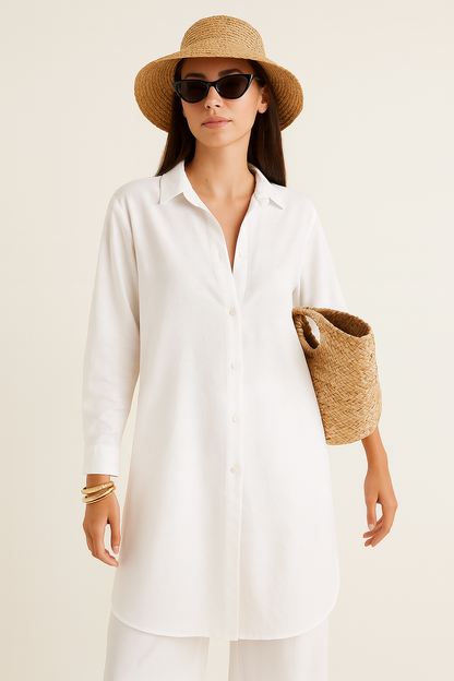 Beyaz Plaj Stili Oversize Uzun Gömlek Pantolon Takım