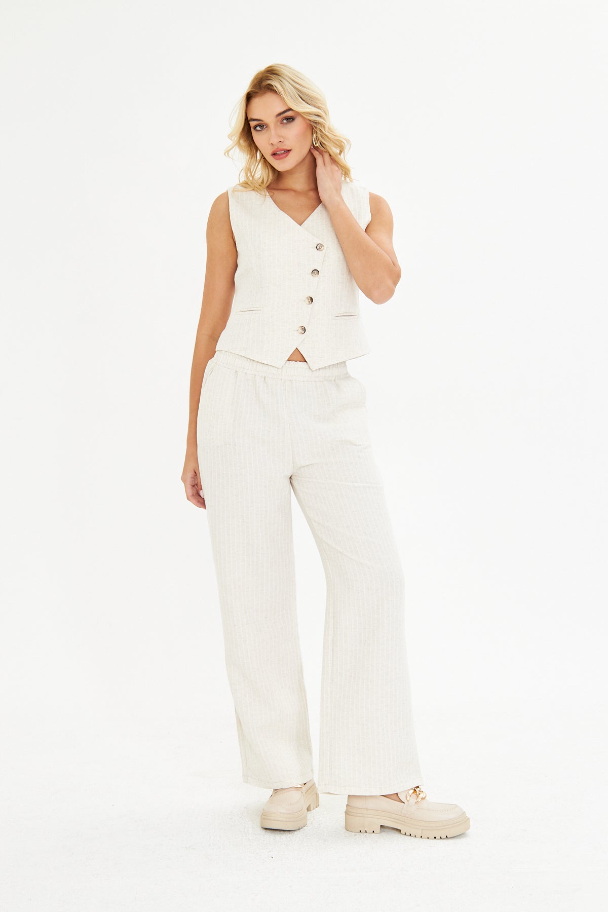 Ekru Çizgili Keten Yelek Pantolon Takım