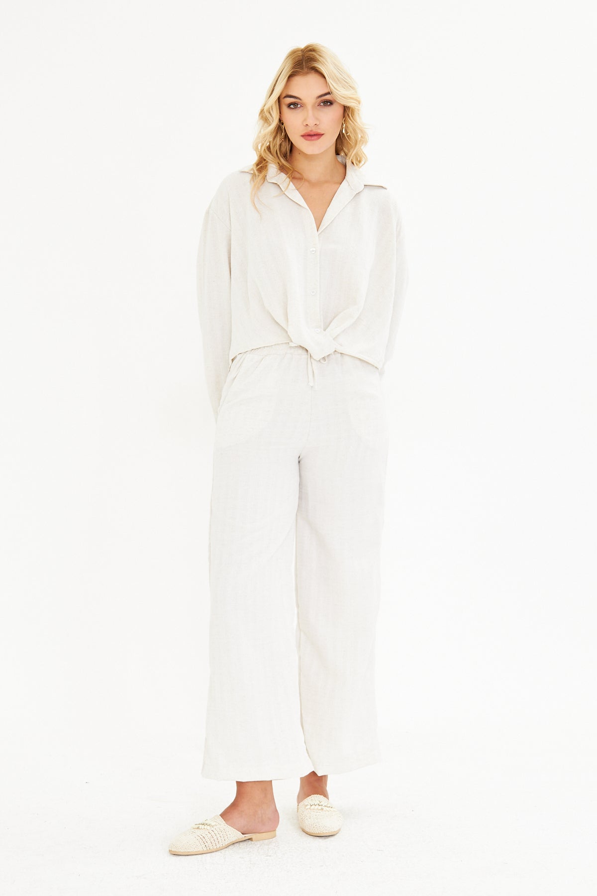 Ekru Bağlama Detaylı Keten Gömlek Pantolon Takım