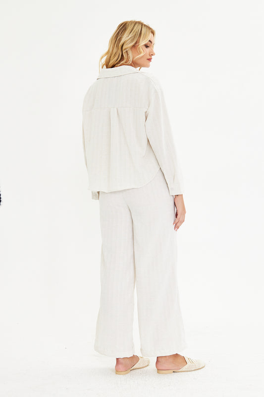 Ekru Bağlama Detaylı Keten Gömlek Pantolon Takım