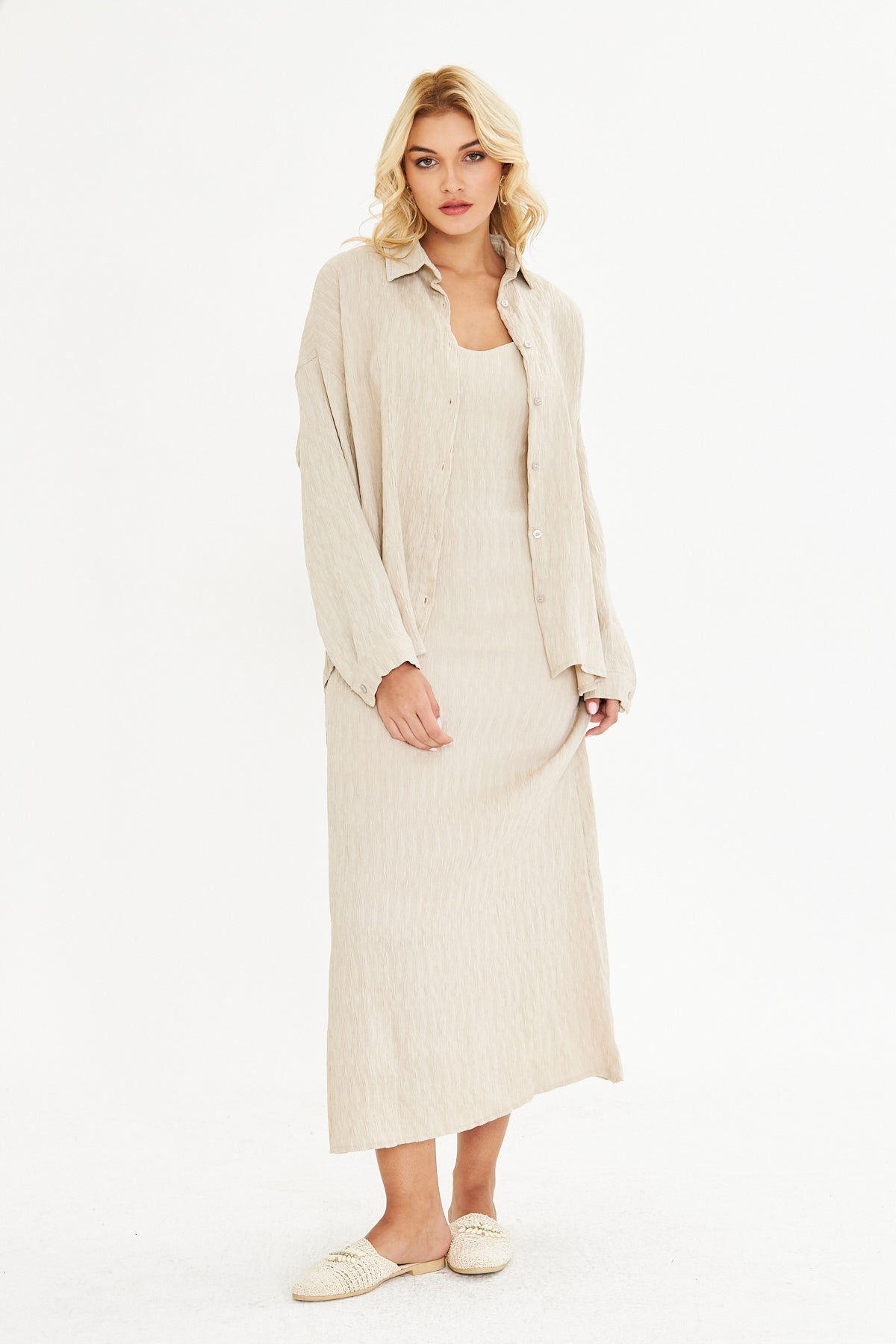 Piliseli Gömlek İnce Askılı Elbise Takımı