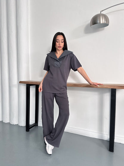 Oversize Spor Şık İkili Takım – V Yaka Geniş Paça