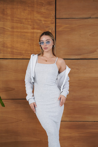 Kapüşonlu Crop Hırkalı Uzun Elbise İkili Takım