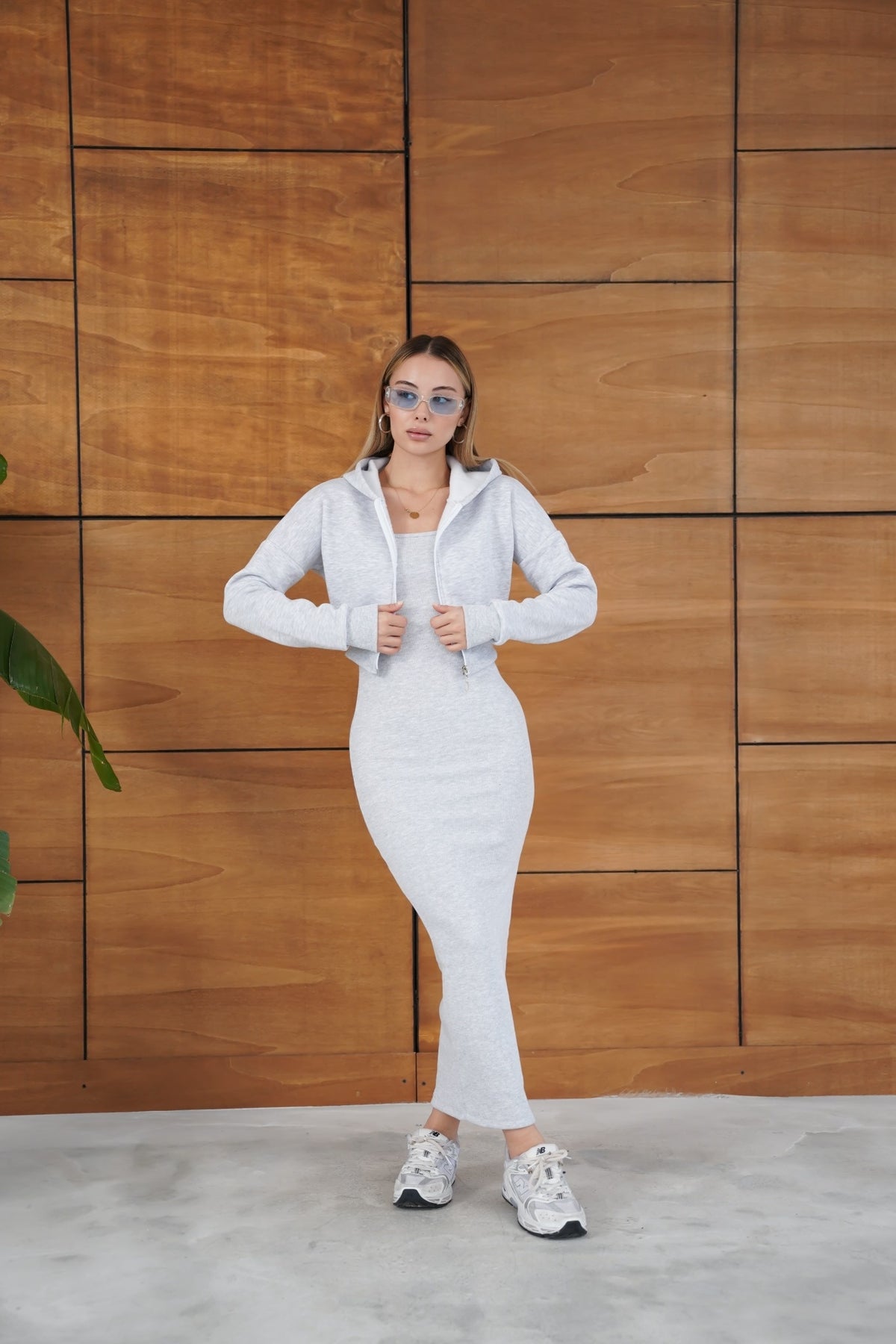 Kapüşonlu Crop Hırkalı Uzun Elbise İkili Takım