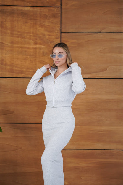 Kapüşonlu Crop Hırkalı Uzun Elbise İkili Takım