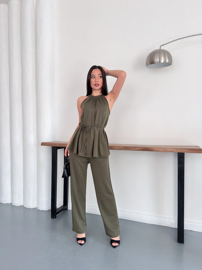 Halter Yaka Kuşaklı Bluz Pantolon İkili Takım