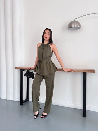 Halter Yaka Kuşaklı Bluz Pantolon İkili Takım